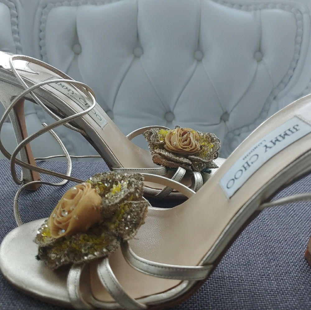 Jimmy Choo Gold Ankle Tie Sandals